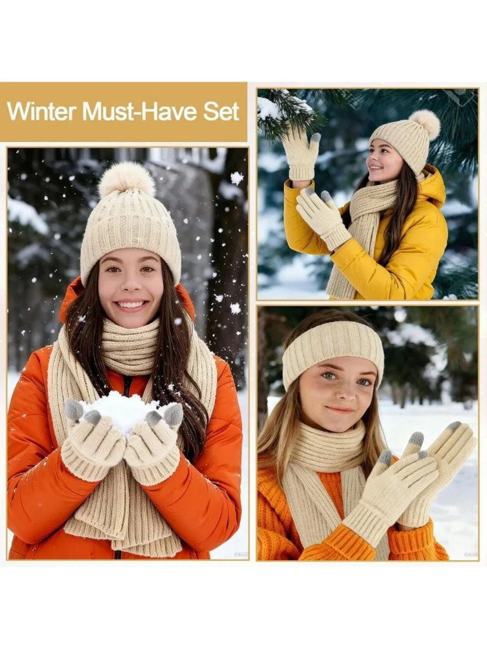 Cozy 4-Piece Winter Set: Hat, Scarf, Gloves & Headband for Cold Weather Fashion